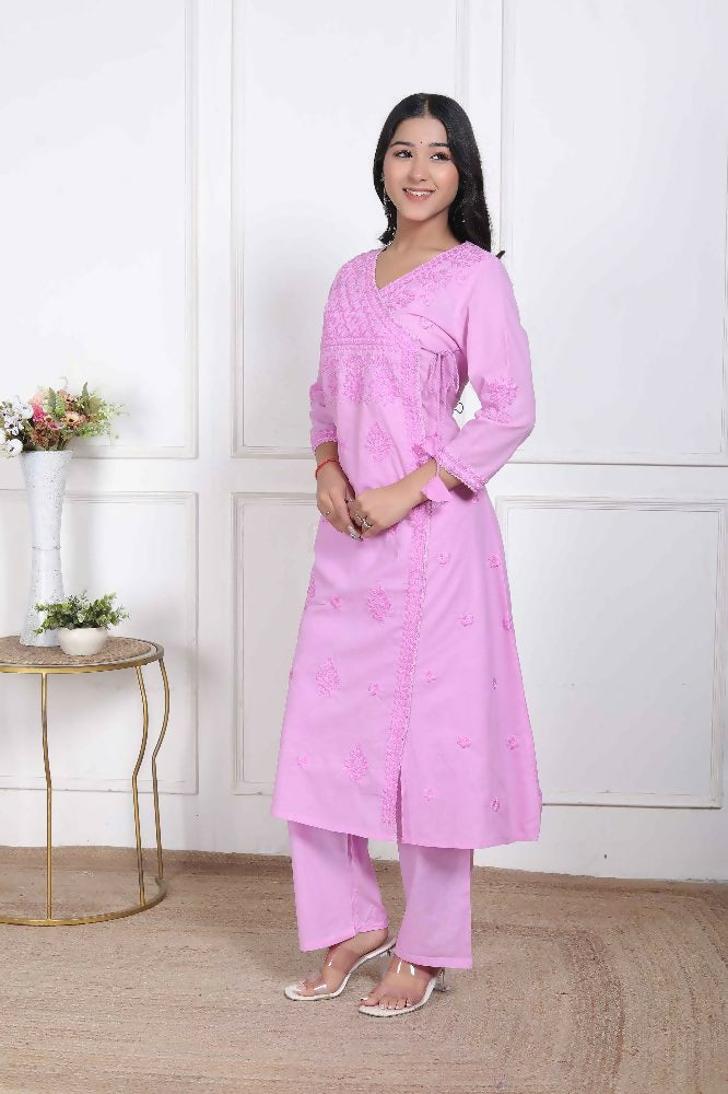 Miravan Womens Pink Lucknowi Angrakha Style Kurta With Palazzo | Grocsy