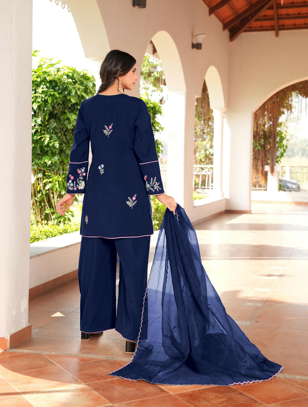 Nikhaar Navy Blue Embroidered Art Silk Stitched Straight Cut Kurta Culottes Dupatta Readymade Suit | Grocsy