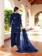 Nikhaar Navy Blue Embroidered Art Silk Stitched Straight Cut Kurta Culottes Dupatta Readymade Suit | Grocsy