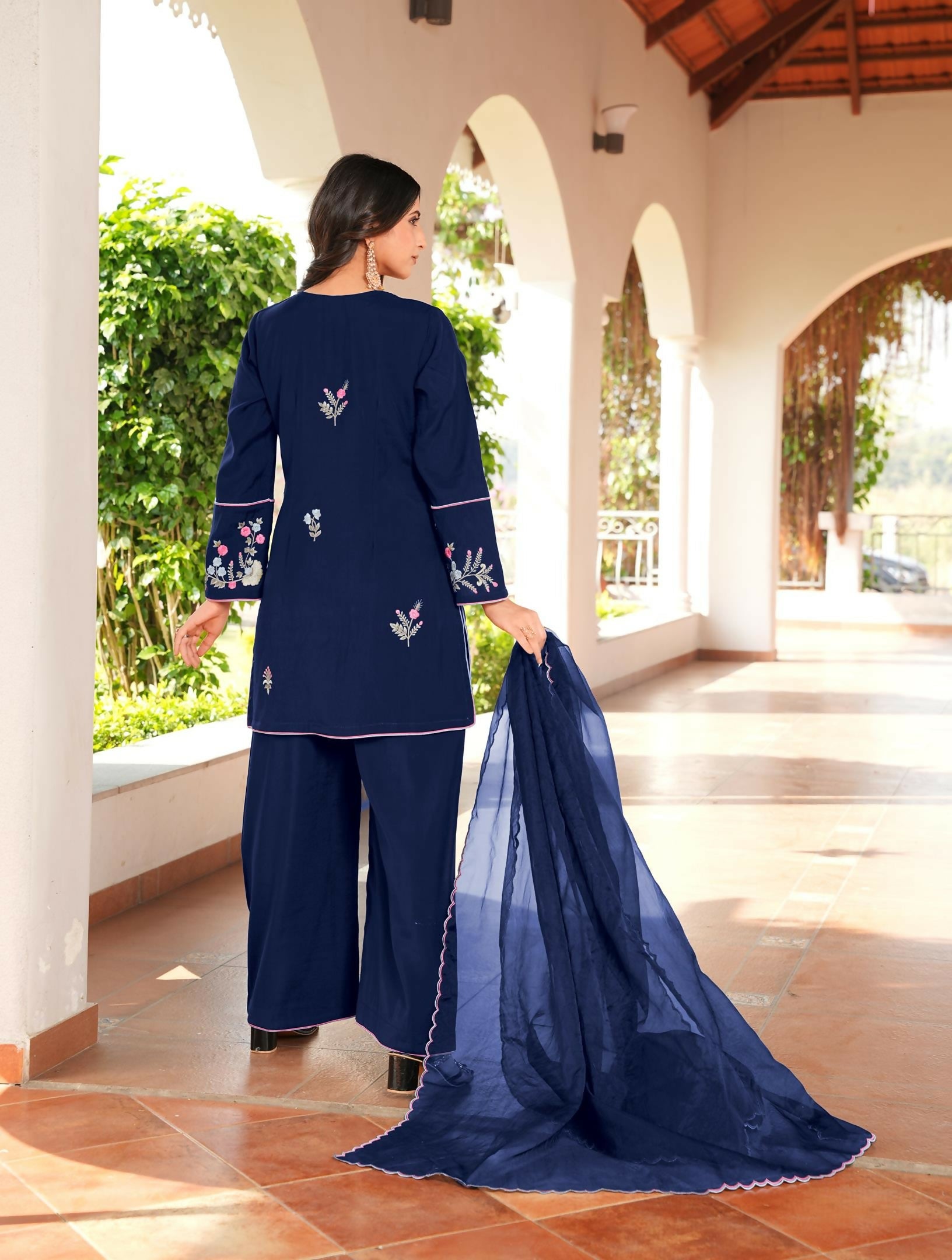 Nikhaar Navy Blue Embroidered Art Silk Stitched Straight Cut Kurta Culottes Dupatta Readymade Suit | Grocsy