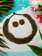 Inhanns Vibrant Handmade 20 Layers Beaded Necklace With Matching Earrings - Golden | Grocsy