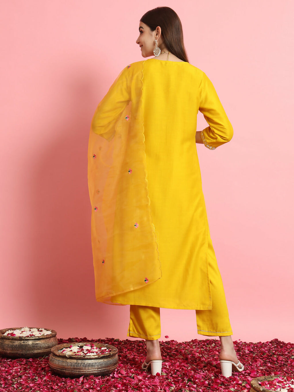 Vellora Sunshine Yellow Silk Blend Embroidered Casual Suit | Grocsy