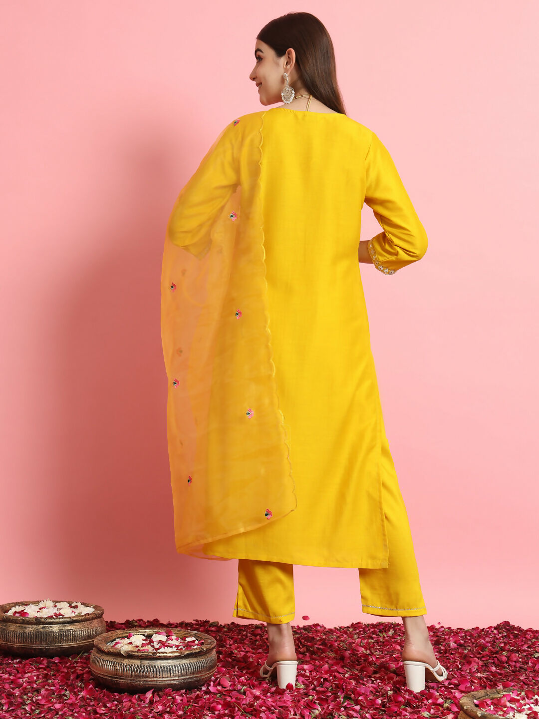 Vellora Sunshine Yellow Silk Blend Embroidered Casual Suit | Grocsy