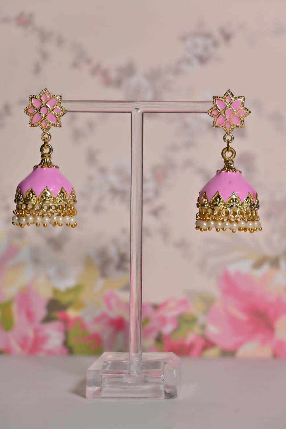 Pink Enamel Small Jhumki Earrings By House of Ree - Swadesiicart