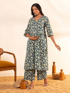Janasya Teal Blue Cotton Floral Printed Casual Maternity Set | Grocsy