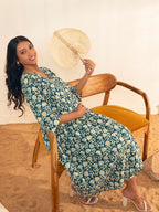 Janasya Teal Blue Cotton Floral Printed Casual Maternity Set | Grocsy