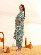 Janasya Teal Blue Cotton Floral Printed Casual Maternity Set | Grocsy