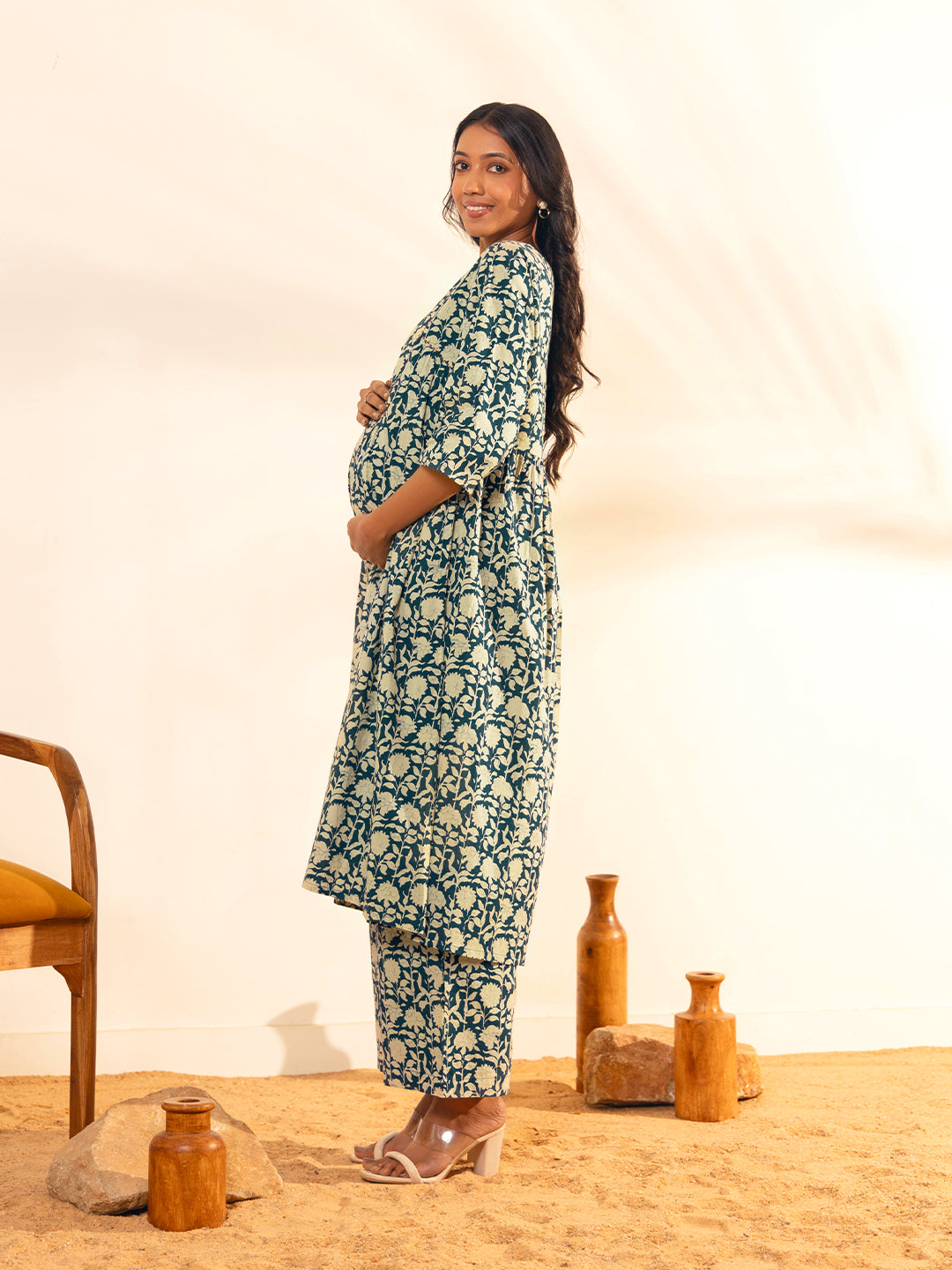 Janasya Teal Blue Cotton Floral Printed Casual Maternity Set | Grocsy