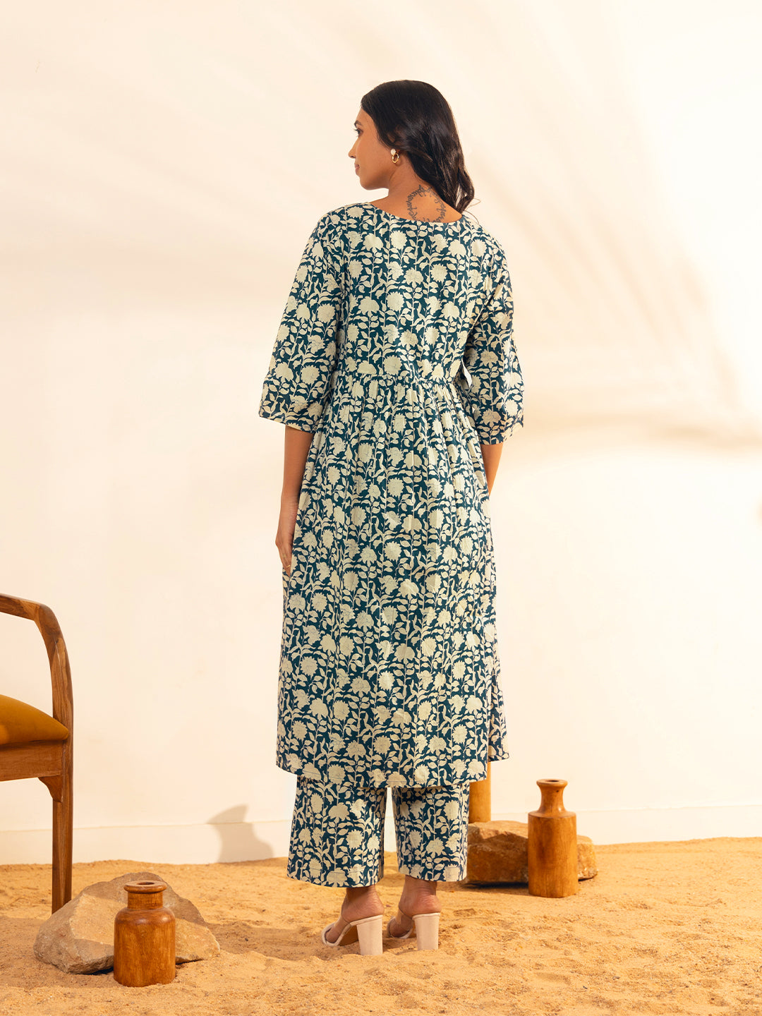 Janasya Teal Blue Cotton Floral Printed Casual Maternity Set | Grocsy
