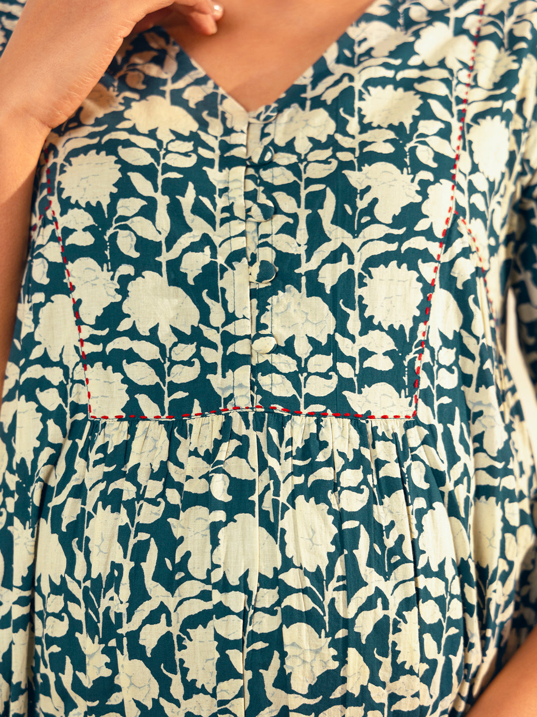 Janasya Teal Blue Cotton Floral Printed Casual Maternity Set | Grocsy