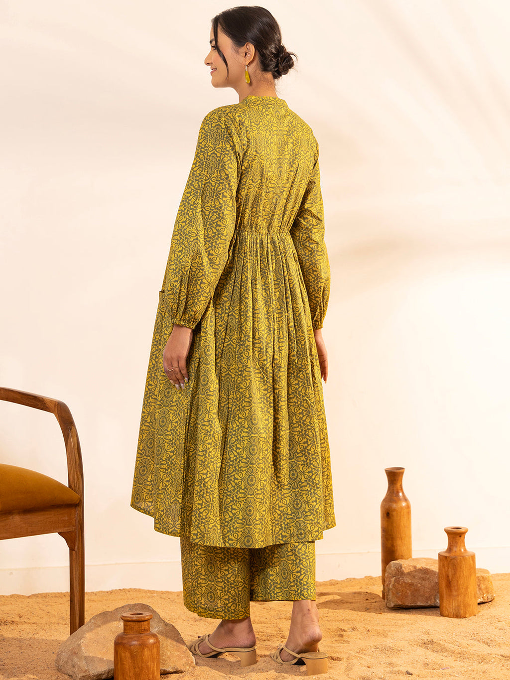 Janasya Olive Cotton Printed Gathered Kurta Set | Grocsy