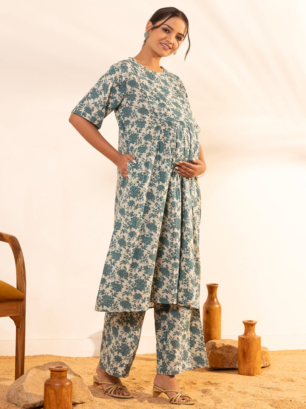 Janasya Beige Cotton Floral Printed Casual Maternity Set | Grocsy