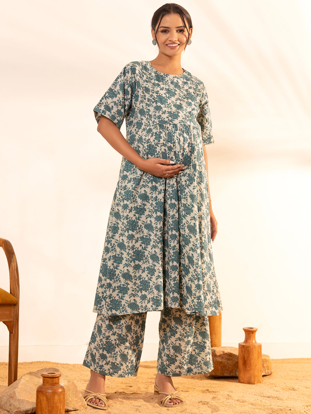 Janasya Beige Cotton Floral Printed Casual Maternity Set | Grocsy