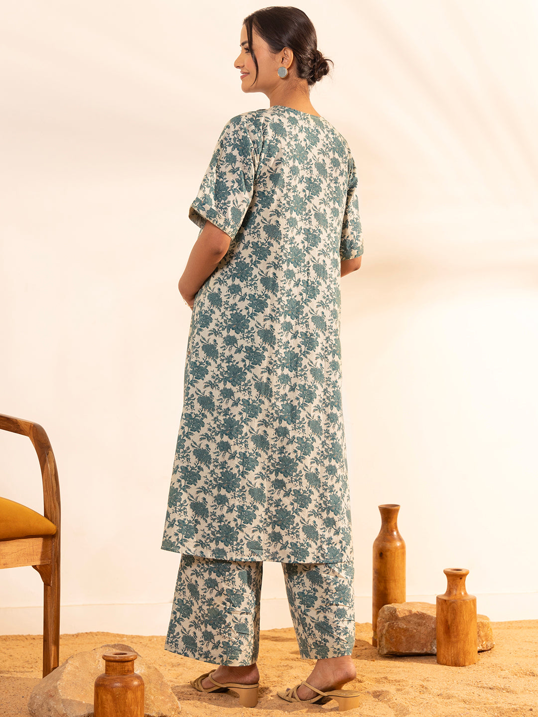 Janasya Beige Cotton Floral Printed Casual Maternity Set | Grocsy