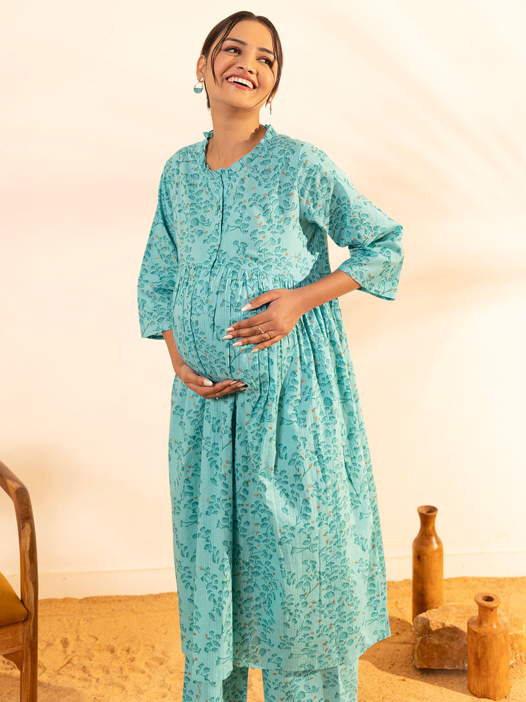 Janasya Sea Green Cotton Floral Printed Casual Maternity Set | Grocsy