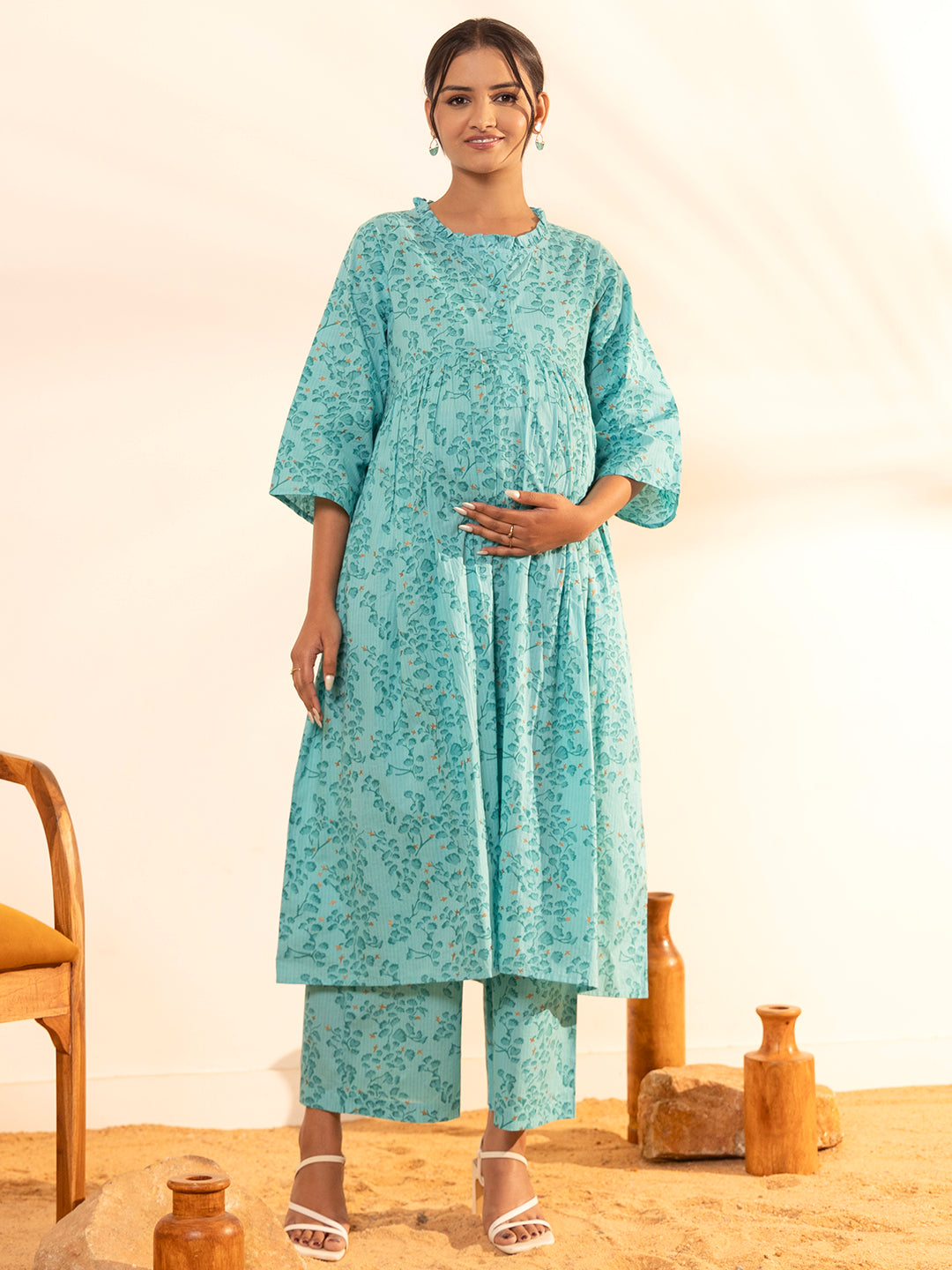 Janasya Sea Green Cotton Floral Printed Casual Maternity Set | Grocsy