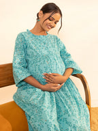 Janasya Sea Green Cotton Floral Printed Casual Maternity Set | Grocsy