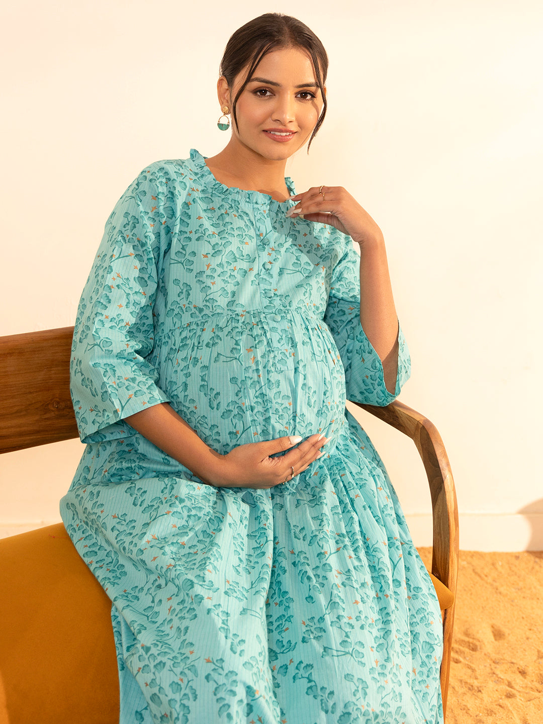 Janasya Sea Green Cotton Floral Printed Casual Maternity Set | Grocsy