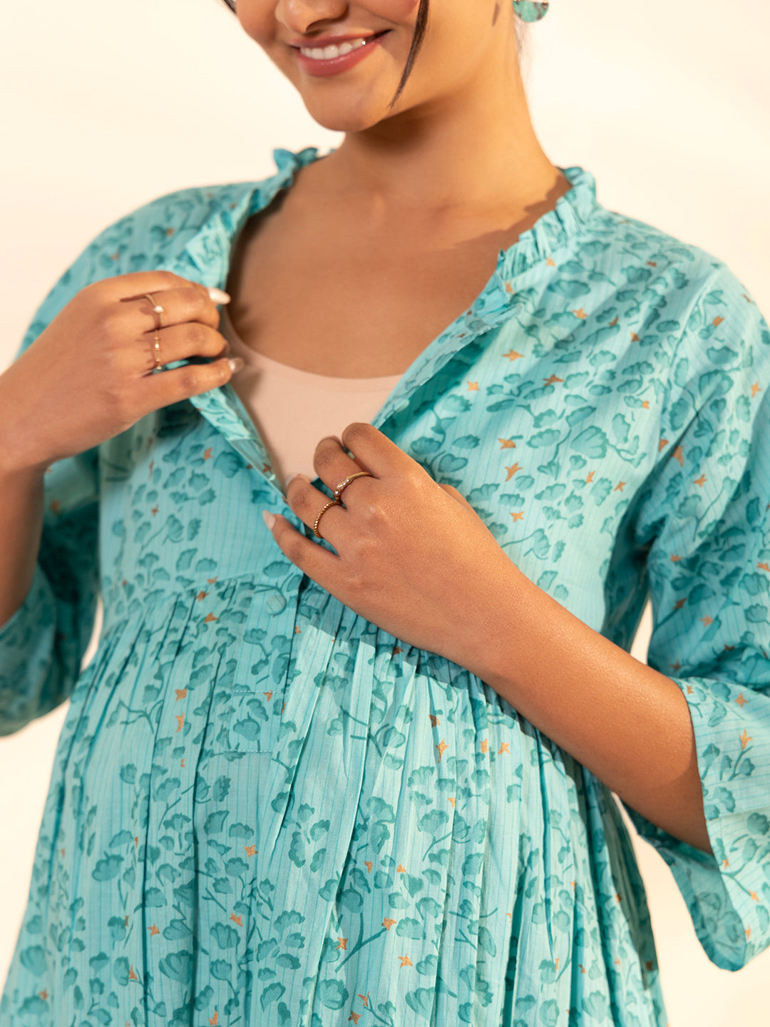 Janasya Sea Green Cotton Floral Printed Casual Maternity Set | Grocsy