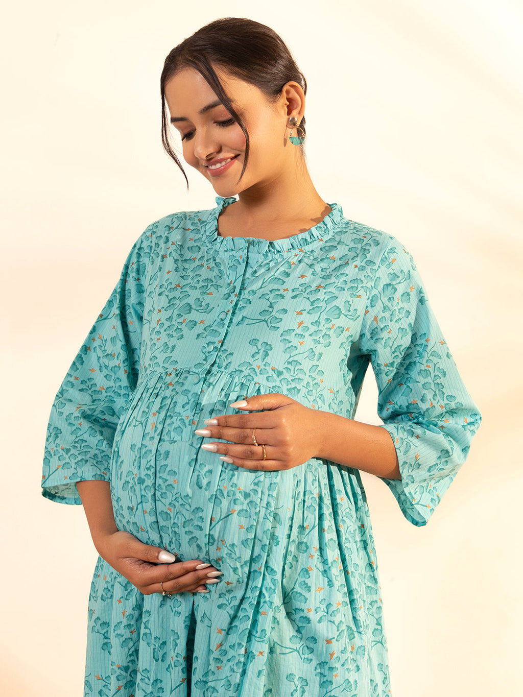 Janasya Sea Green Cotton Floral Printed Casual Maternity Set | Grocsy