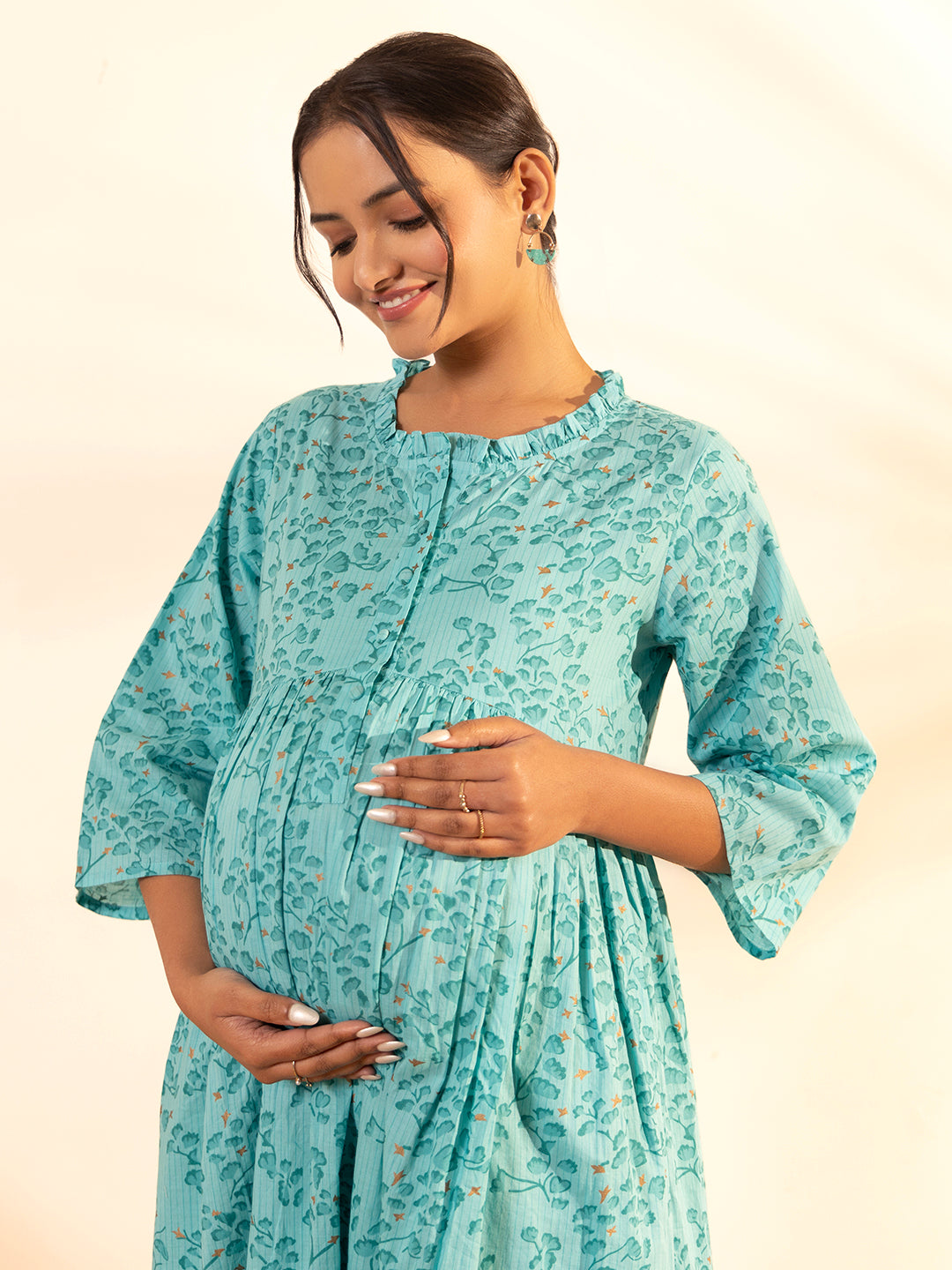 Janasya Sea Green Cotton Floral Printed Casual Maternity Set | Grocsy