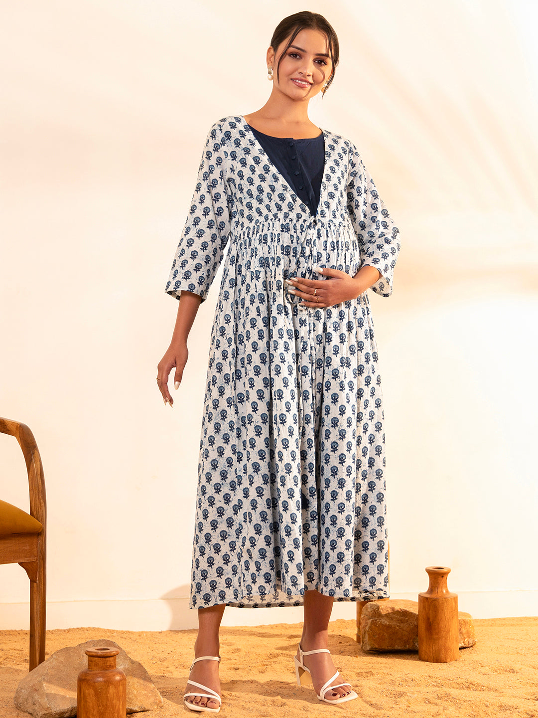 Janasya White Cotton Floral A-Line Dress | Grocsy
