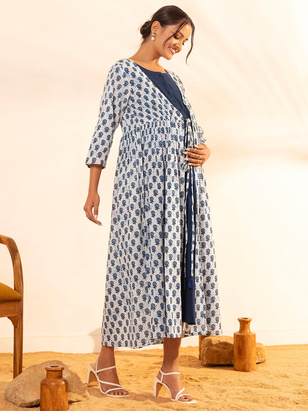 Janasya White Cotton Floral A-Line Dress | Grocsy