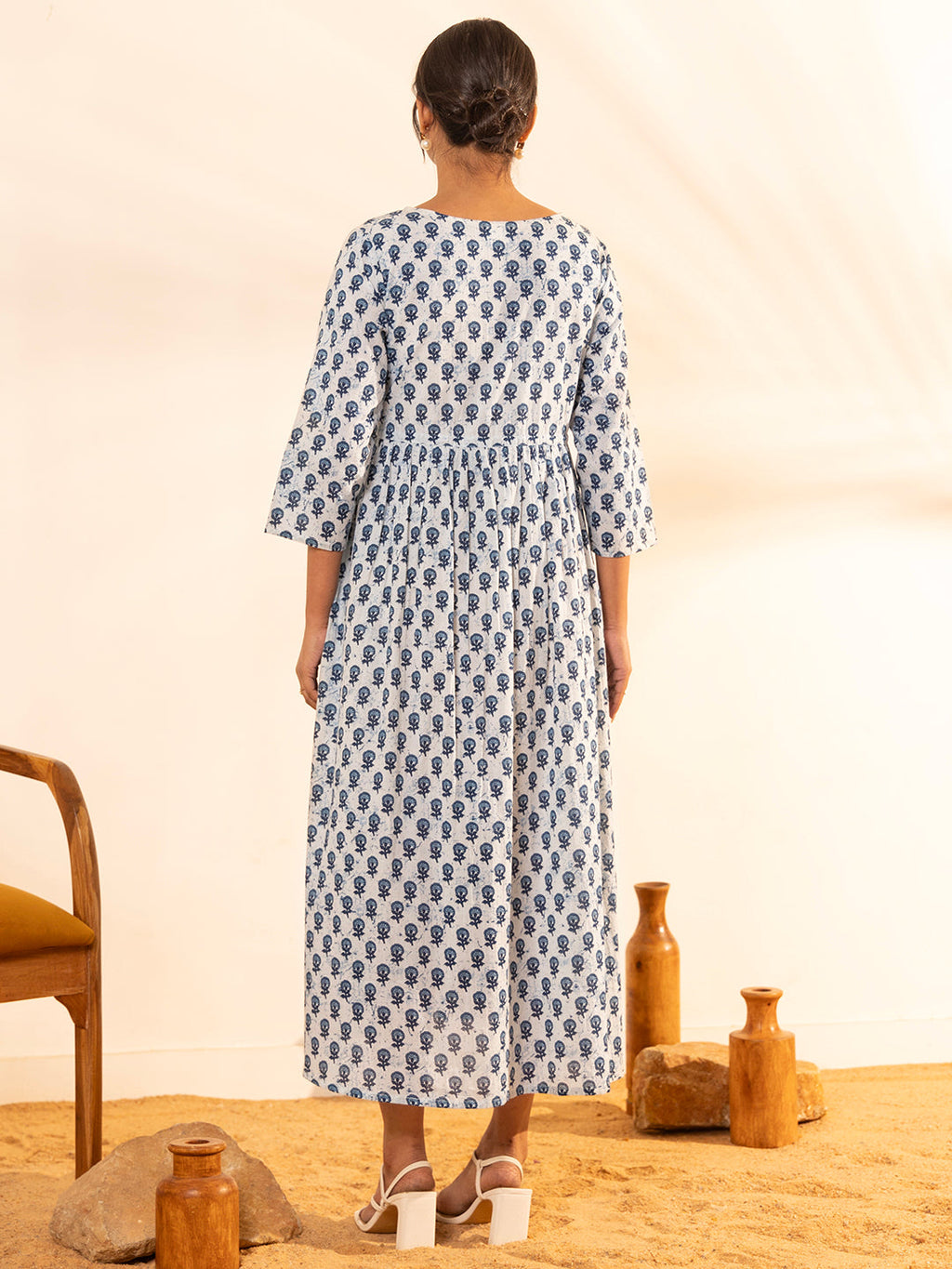 Janasya White Cotton Floral A-Line Dress | Grocsy