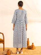 Janasya White Cotton Floral A-Line Dress | Grocsy