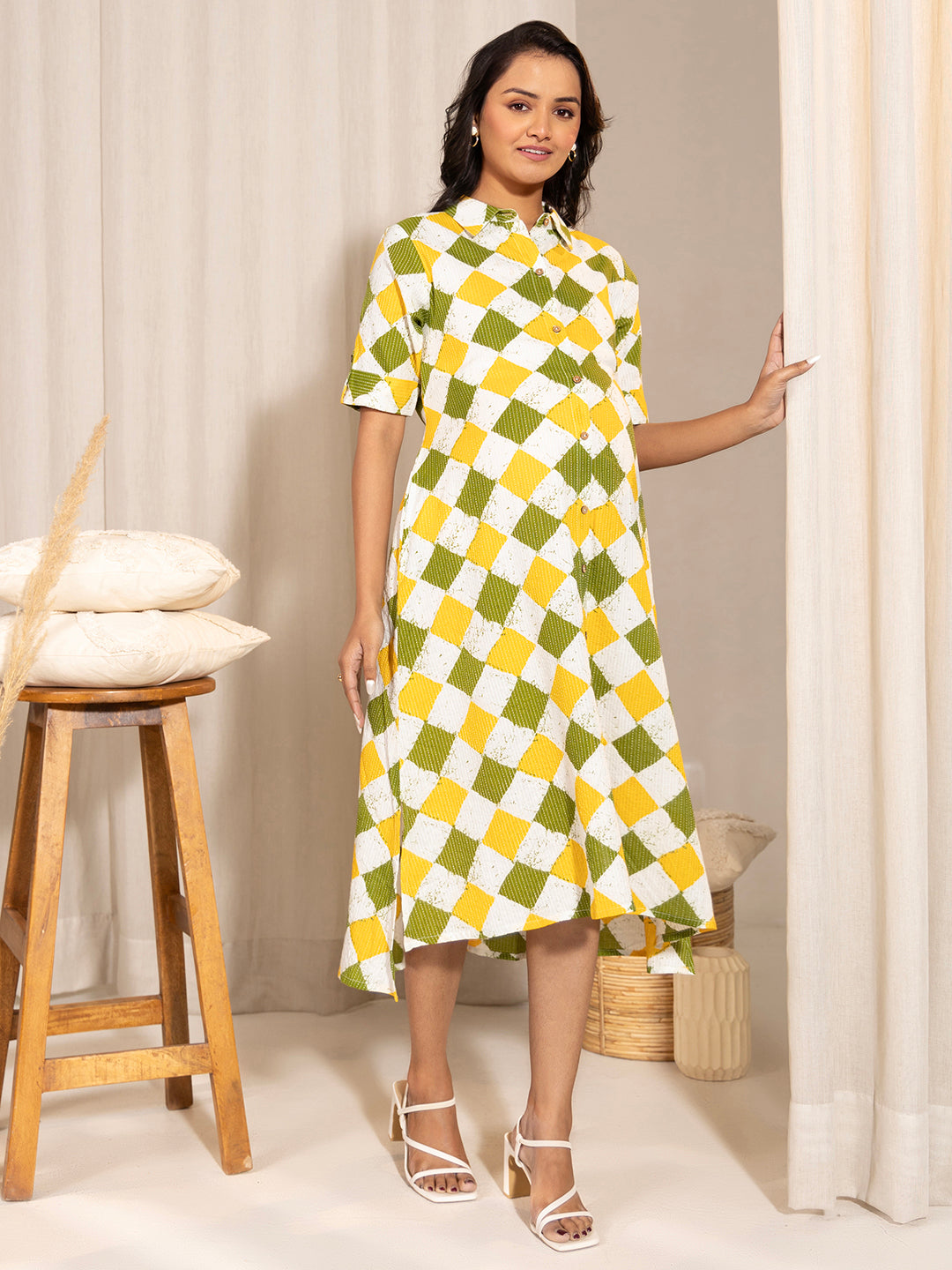 Janasya Multicolour Cotton Geometric A-Line Dress | Grocsy