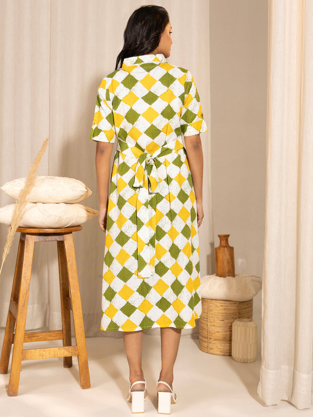 Janasya Multicolour Cotton Geometric A-Line Dress | Grocsy
