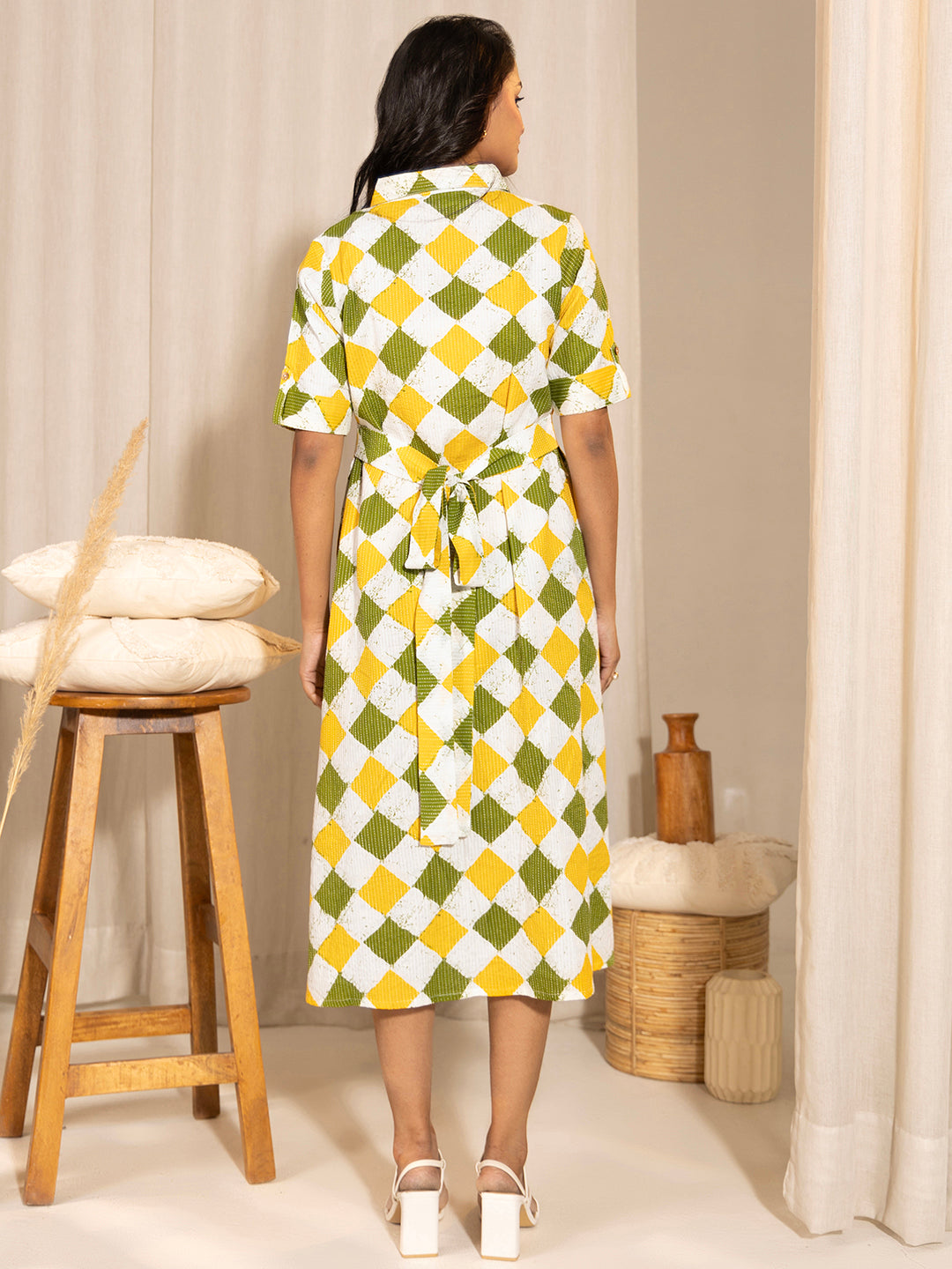 Janasya Multicolour Cotton Geometric A-Line Dress | Grocsy