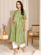 Janasya Green Cotton Block Printed Casual Maternity Kurta | Grocsy