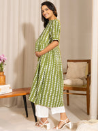 Janasya Green Cotton Block Printed Casual Maternity Kurta | Grocsy