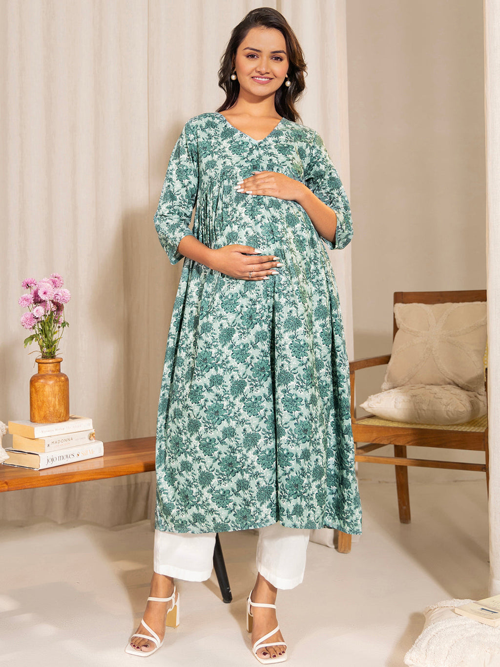 Janasya Sage Green Cotton Floral Printed Casual Maternity Kurta | Grocsy