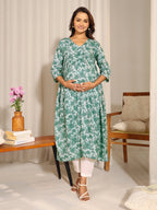 Janasya Sage Green Cotton Floral Printed Casual Maternity Kurta | Grocsy