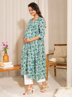 Janasya Sage Green Cotton Floral Printed Casual Maternity Kurta | Grocsy
