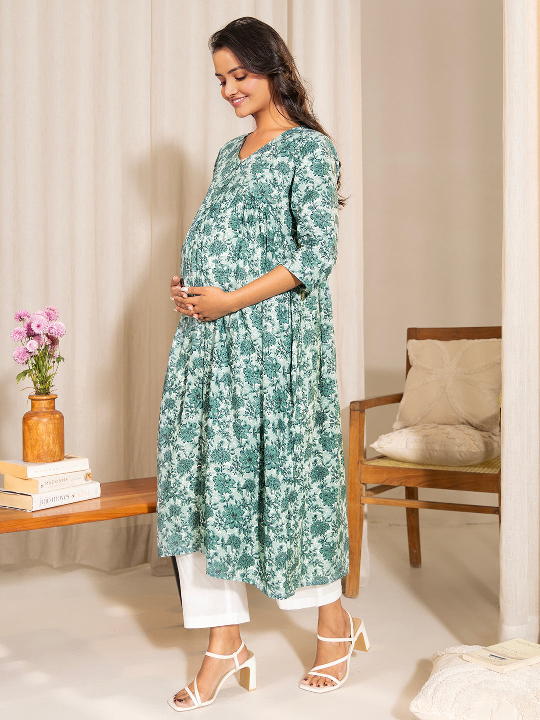 Janasya Sage Green Cotton Floral Printed Casual Maternity Kurta | Grocsy