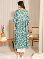 Janasya Sage Green Cotton Floral Printed Casual Maternity Kurta | Grocsy