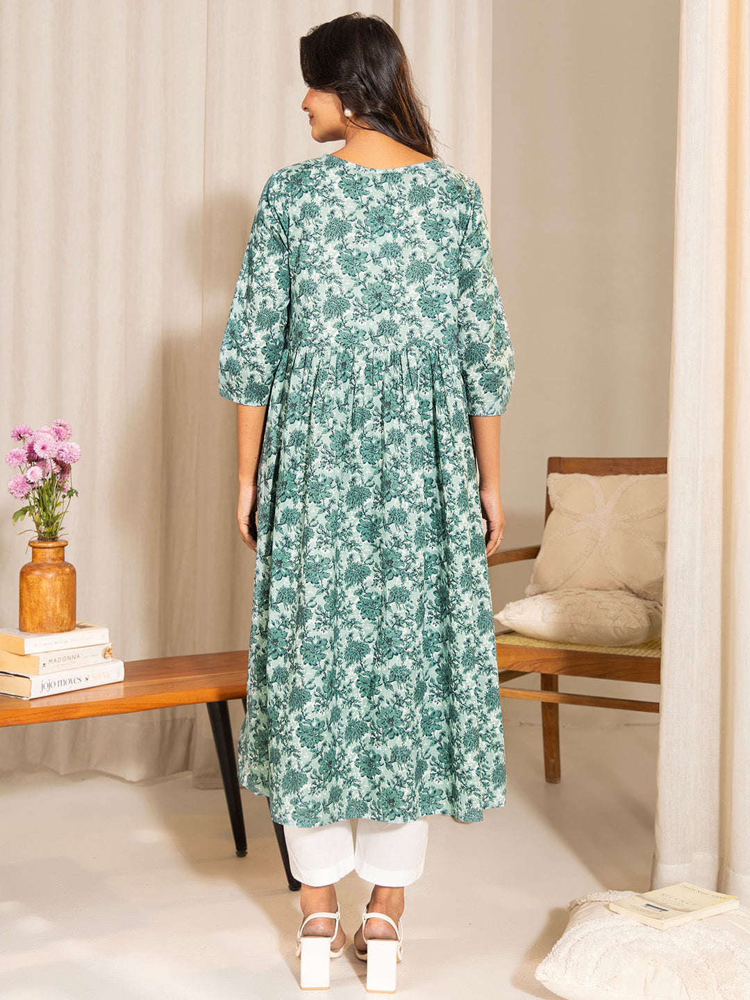Janasya Sage Green Cotton Floral Printed Casual Maternity Kurta | Grocsy
