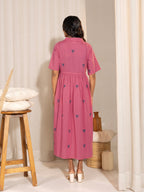 Janasya Pink Cotton Geometric Gathered Dress | Grocsy