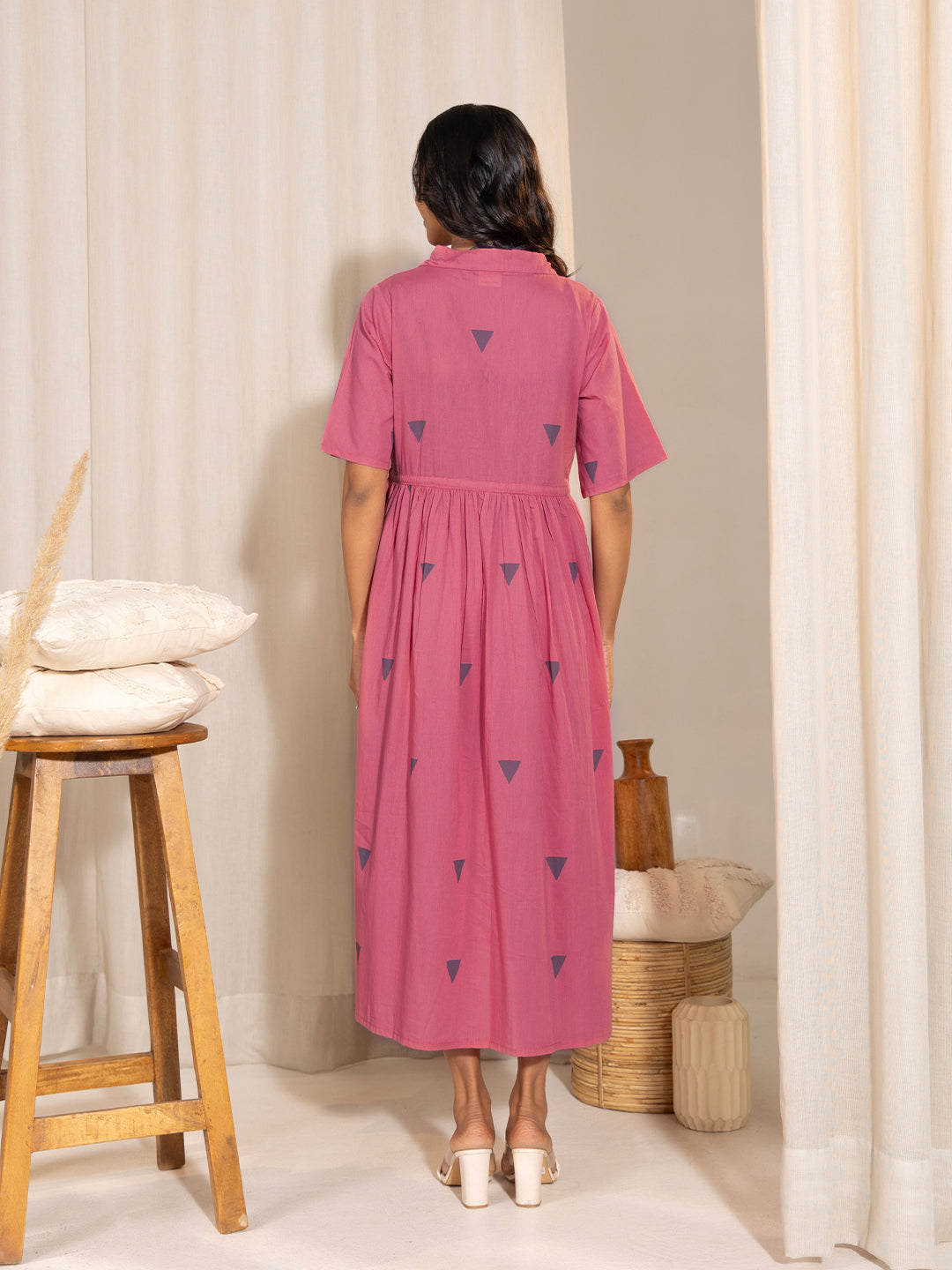Janasya Pink Cotton Geometric Gathered Dress | Grocsy