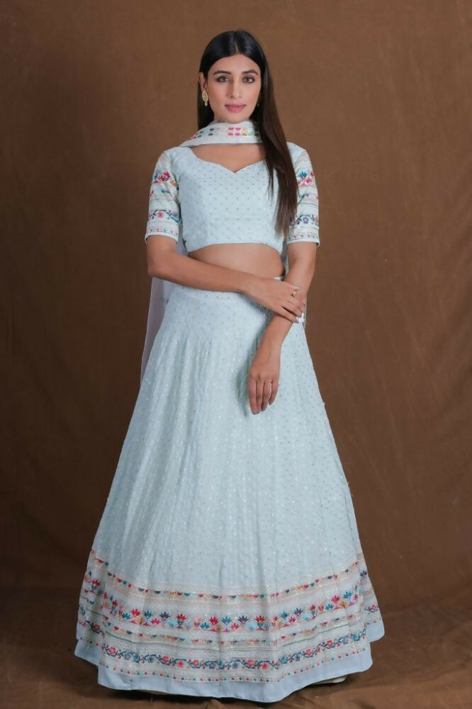 Skyblue Georgette Multicolor Thread Embroidery Work Lehenga Choli - Jihu Culture | Grocsy