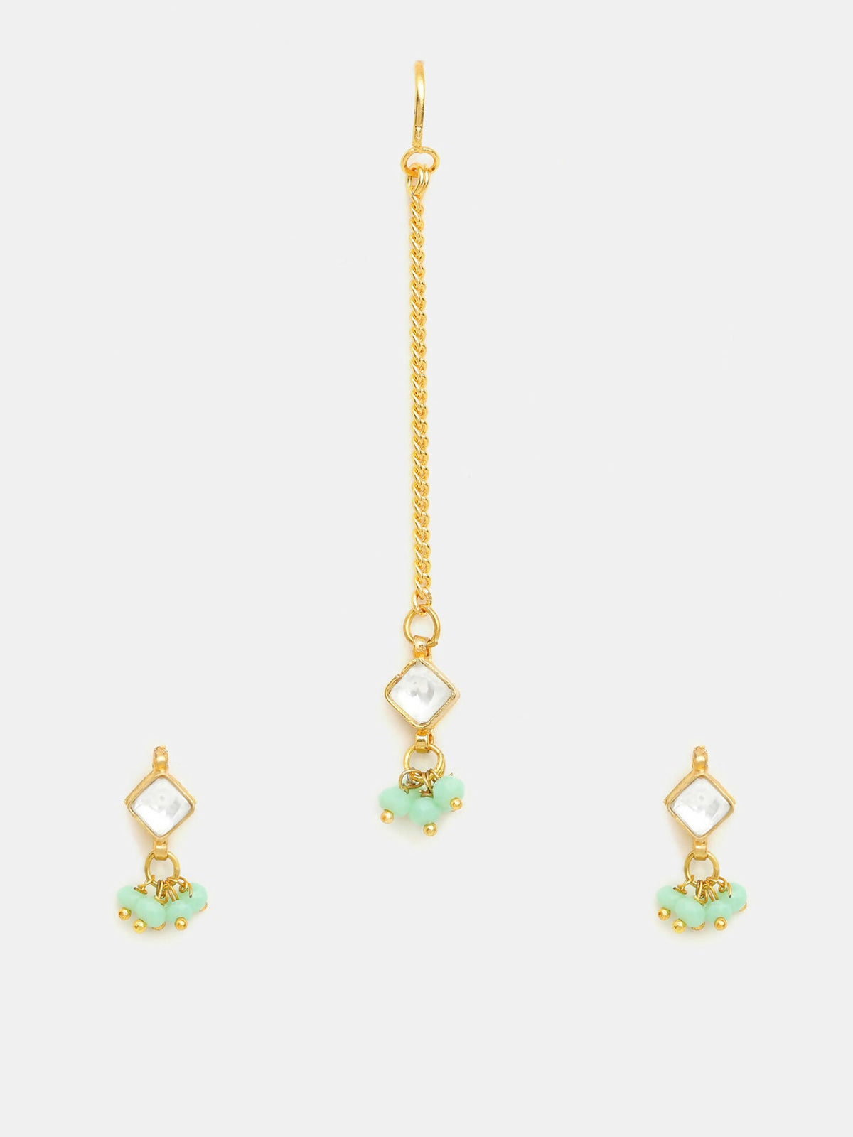 Ruby Raang Set Of Pastel Green Maang Tikka And Earrings | Grocsy