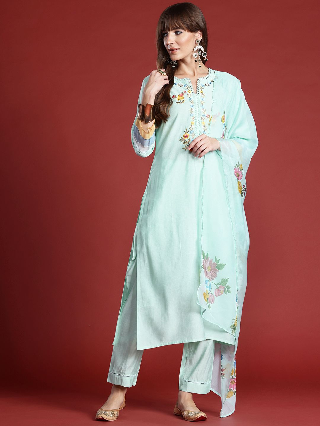 Indo Era Floral Embroidered Thread Work Kurta with Trousers & With Dupatta | Grocsy