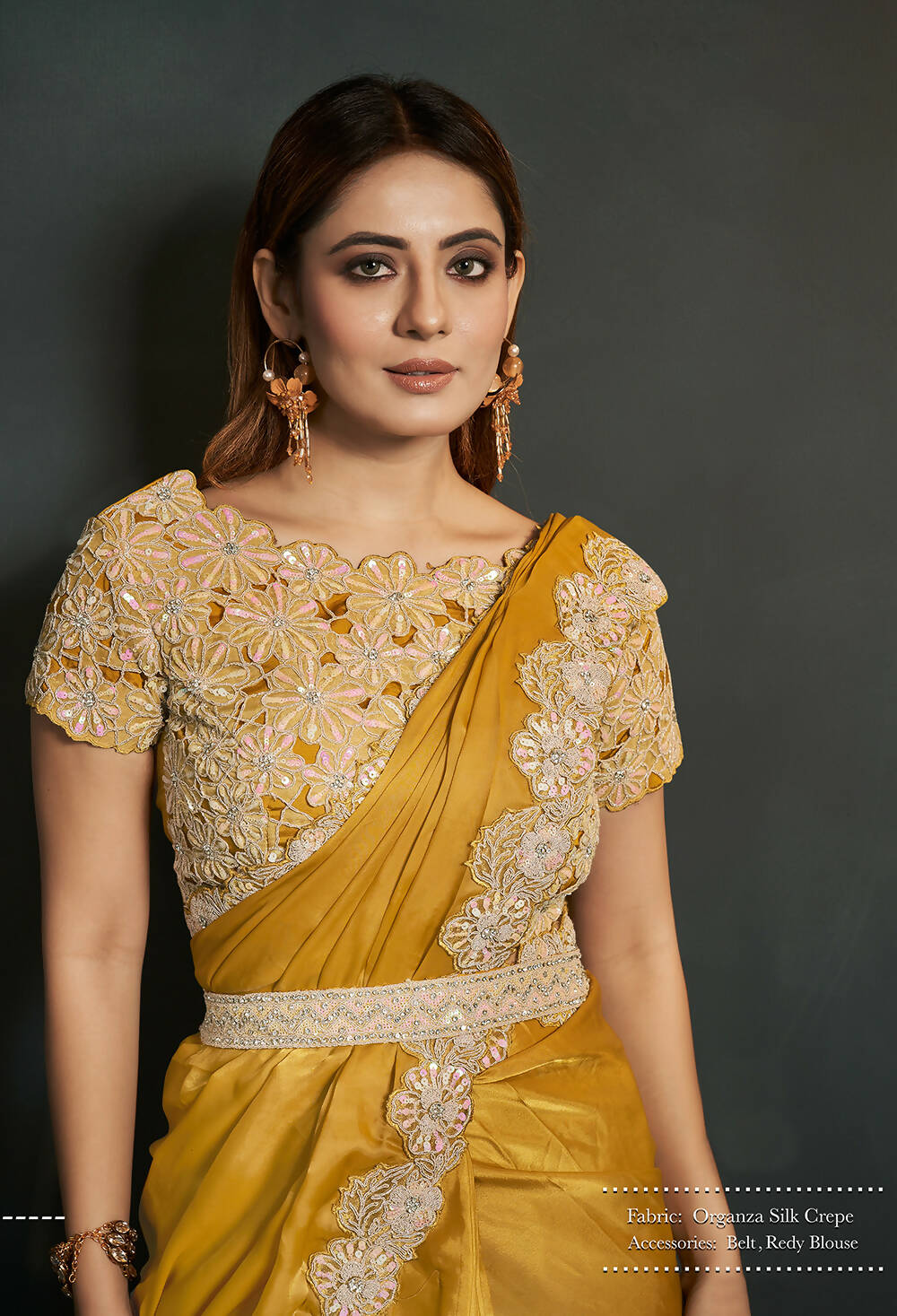 Mustard Organza Silk Crepe Cord Sequence & Thread Embroidered & Stone Work Saree - Moh-Manthan Royal Enigma | Grocsy