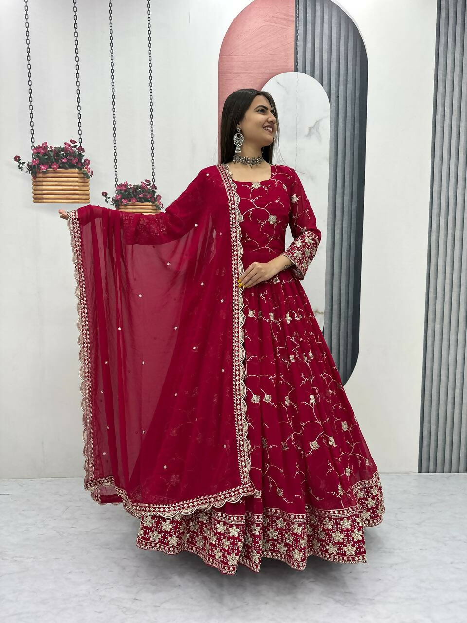 Teeya Creation Womens New Heavy Fox Georgette Fabric With Heavy Embroidery Work Red Kurta Set | Grocsy