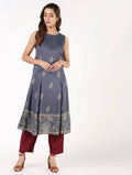 Aniyah Rayon Block Print Flared Grey Kurta (AN-150K) | Grocsy