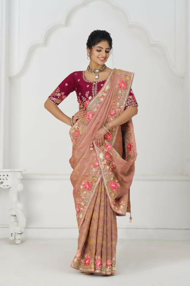 Kesar Fab Pretty Peach: Multicolor Embroidery With Blooming Floral Designs Saree | Grocsy