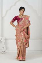 Kesar Fab Pretty Peach: Multicolor Embroidery With Blooming Floral Designs Saree | Grocsy